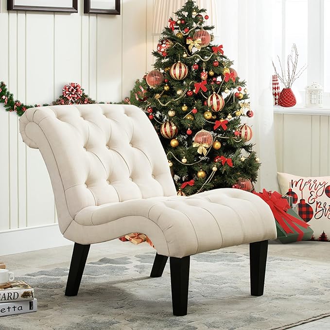 Yongqiang Accent Chair for Bedroom Living Room Chairs Tufted Upholstered Lounge Chair with Wood Legs Linen Fabric
