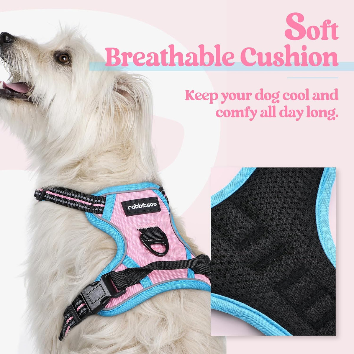 rabbitgoo Dog Harness No Pull with 2 Leash Clips, Adjustable Soft Padded, Reflective Oxford No Choke Pet Vest with Easy Control Handle for Puppy, Pink & Blue, XS