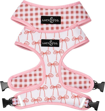 Lucy & Co. Reversible Dog Harness - Water-Repellent Neoprene, Dual-Print Design, Easy Swap Style, Adjustable Comfort Fit - Take a Bow Reversible Harness - X-Small