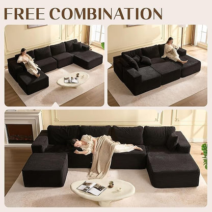 138" Boneless Couch with Deep Seat, Modular Sectional Sofa, Cloud Sectional Couch for Living Room, No Assembly Required, Corduroy, U-Shape 4 Seater Right, Black