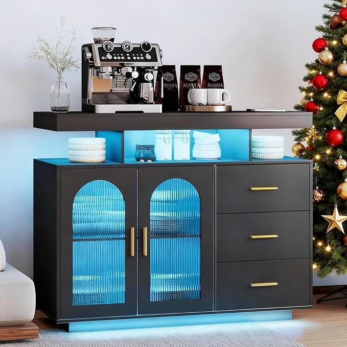 40" LED Buffet Cabinet with Charging Station, Auto Sensor Kitchen Storage