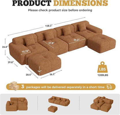 158" Modern U Shaped Modular Sectional Sofa, Boneless Couches for Living Room with Ottoman,6 Seater Convertible Chenille Cloud Couch Sofa Set, No Assembly Required, Orange 1 PCS