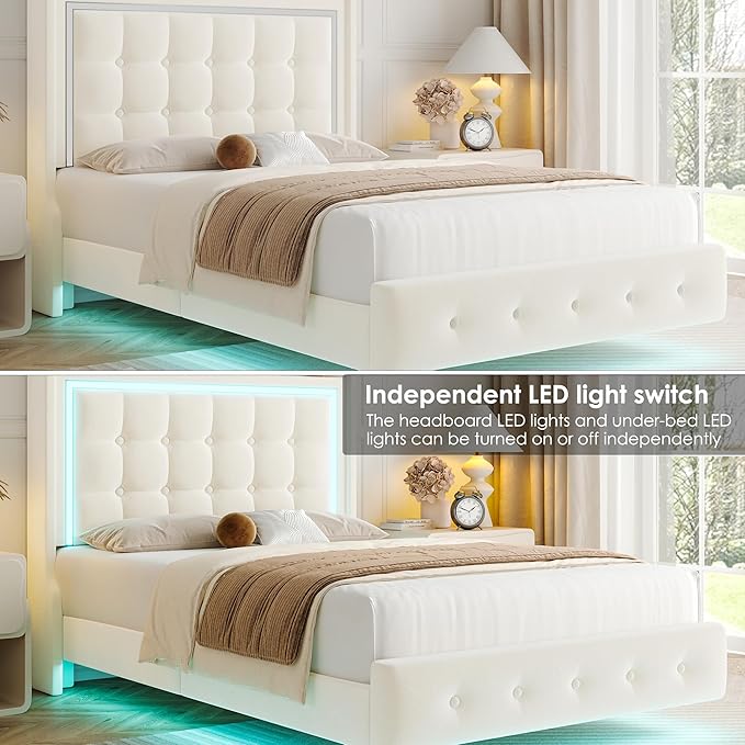 Keyluv Upholstered Twin Floating Bed Frame with RGB LED Lights and Charging Station, Velvet Platform Bed with Button Tufted Storage Headboard, Type-C & USB Charging Ports, No Box Spring Needed, Beige