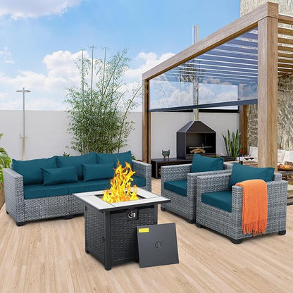 4 Piece Wicker Patio Furniture Sets Outdoor Conversation Set PE Rattan Sectional Sofa Couch with Fire Pit Table and Peacock Blue Cushions