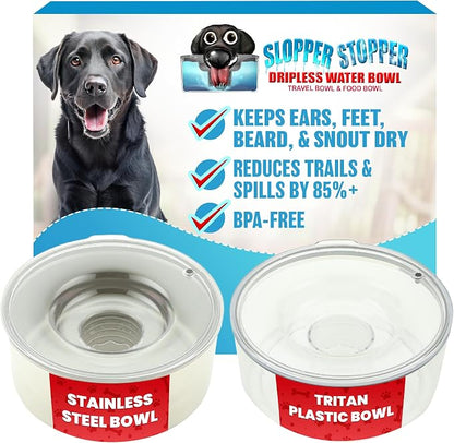 Stainless Steel Dripless Water Bowl with Tritan Plastic Lid – Holds 1 Gal, Reduces Spills & Trails Up to 85%+, Water Bowl for Large Breed Dogs (51-85 lbs), The Original Slobber Stopper