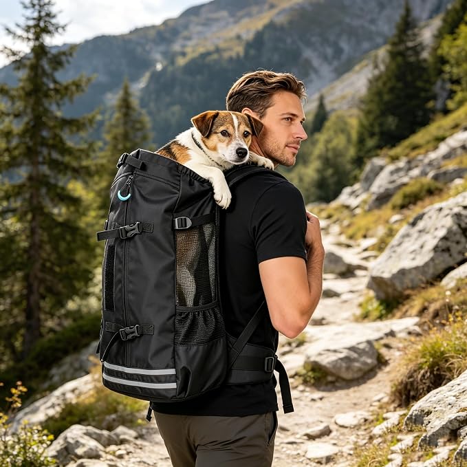 Big Dog Backpack Carrier, Grey-M | Extra Large Pet Carrier for 66lbs Dogs, Fully Adjustable Water-Resistant Dog Travel Bag for Hiking Cycling Outdoor Adventures