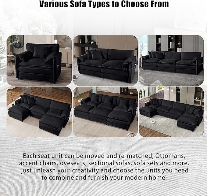 RENDGO 109" Modular Sectional Sofa with 1 Ottoman, Chenille Cloud Couch for Living Room & Apartment, Deep Seat Comfort, Flexible L-Shape Combination Sofa for Home & Office,Black