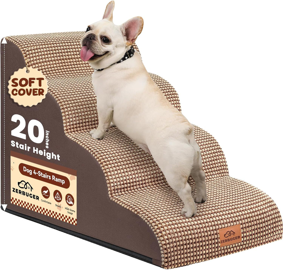 Dog Ramp and Stair for Bed 16" H-20 H,3-Step Cat Stair for Sofa and Chair,4-Step Dog Ramp for High Bed and Window,Durable Nonslip Fabric Cover for Indoor (Coffee-20 H, Pet Friendly, 4)