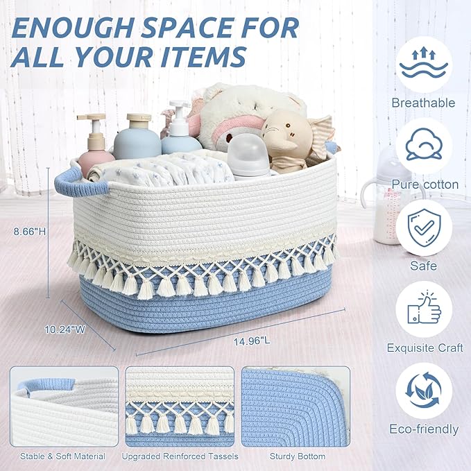 3 Pack Storage Basket for Shelves, Boho Cotton Rope Storage Bins with Heavy Tassel, Shelf Baskets Large Woven Baskets for Organizing, Cube Organizer Bins, Baby Laundry Basket for Clothes, Toys, Pets