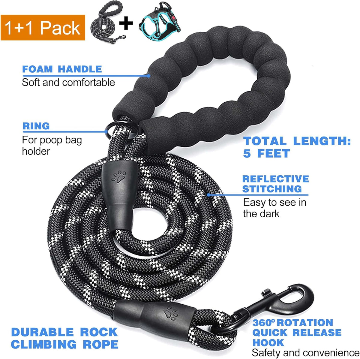 No Pull Dog Harness Adjustable Reflective Oxford Easy Control Medium Large Harness with A Free Heavy Duty 5ft Dog Leash