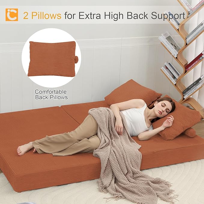 COMAX Convertible Sofa Bed, Folding Floor Couch Corduroy Fold Out Couch Bed Futon Sleeper Mattress with Pillows, Boneless Sofa Comfy Lounge Loveseat for Living Room Bedroom