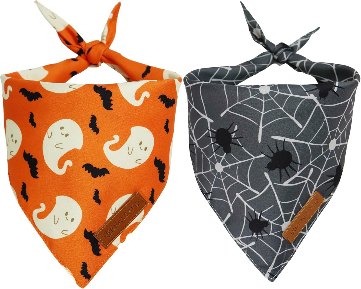 Realeaf Halloween Dog Bandanas 2 Pack, Reversible Orange Gray Pet Scarf for Boy and Girl, Premium Durable Fabric, Holiday Bandana for Small Medium Large and Extra Large Dogs (Halloween, X-Large)