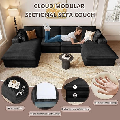 136" Cloud Modular Sectional Sofa with 1 Ottoman, Modern Upholstered Corduroy Couches, Comfort U Shaped Sofa for Living Room, Deep Seat Boneless Couch, No Assembly Required(Black,Left Facing Chaise)
