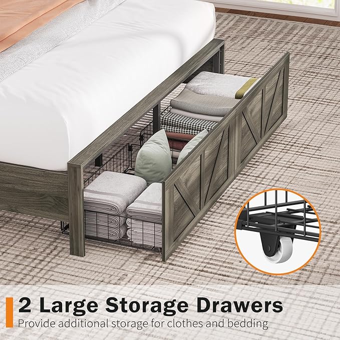 Yoobure Farmhouse Queen Bed Frame with Headboard - Bed Frame Queen Size with Charging Station & LED Lights, Wood Bedframe Queen-Size with 2 Storage Drawer, Platform Beds, No Box Spring Needed, Grey