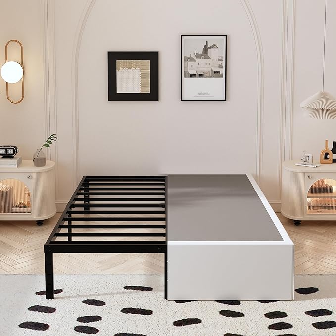 14 Inch Full Bed Frame with White Fabric Cover, Heavy Duty Metal Bed Frame Full, No Box Spring Needed, Support Up to 3000 lbs, Easy Assembly, Noise Free, Black