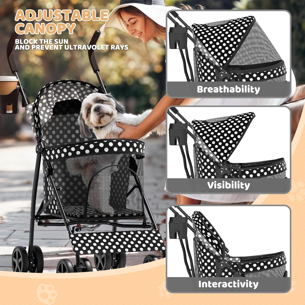 Magshion Compact Pet Stroller for Small-Medium Dogs/Cats up to 22lbs, 4-Wheel Lightweight Umbrella Shaped Portable Puppy Travel Jogger with Breathable Mesh, Cup Holder & Rear Storage, Black Polka Dots