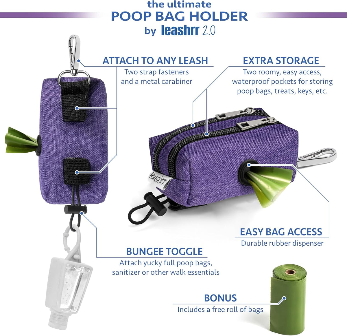 Dog Poop Bag Holder for Leashes - Dog Poop Bag Dispenser and Treat Holder with 2 Waterproof Pouches for Pet Waste Bags and Walking Accessories + 1 Free Roll (Purple)