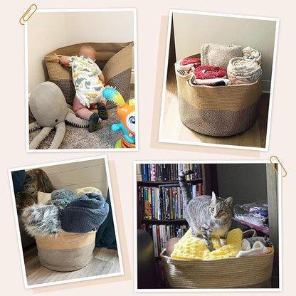 INDRESSME Extra Large Woven Baskets for Storage, 21.7 x 13.8 Blanket Basket Living Room Wicker Storage Basket for Organizing Woven Laundry Baskets for Toy Pillow Shoe, Entryway, Black Jute
