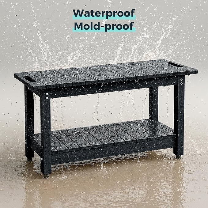 35" Shower Bench, Waterproof Poly Lumber Shower Stool for Shaving Legs, Shower Chair Seat Holds up to 400lbs, Bathroom Bench for Inside Shower, Non-Slip (Black)