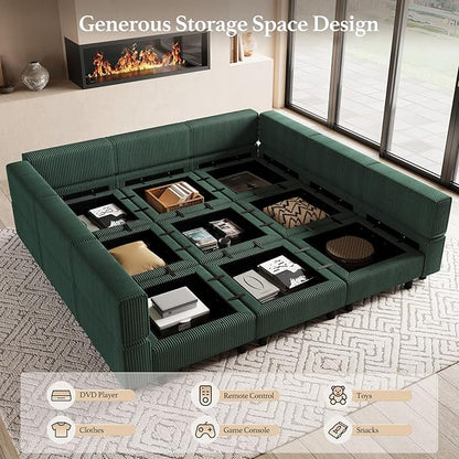 88.6" 9 Seat Modular Sectional Sofa with Deep Storage Seat,Corduroy Comfy Sectional Couch Convertible Modular Sleeper Sofa Couch with Movable Ottoman,Upholstered Couches for Living Room,Green