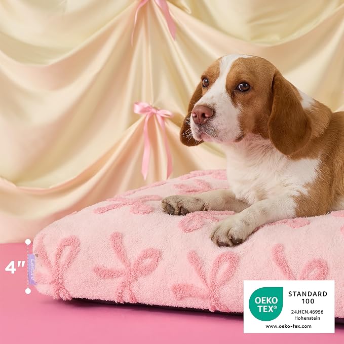 LE SURE Cute Aesthetic Dog Beds Large Sized Dog,Thick Pet Pillow 36x27 | Shredded Chopped Foam, Jacquard Modern Plush Crate Cushion Gift Idea, Waterproof Washable Cover, Nonslip Bottom, Bow Pink