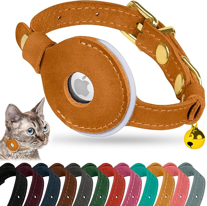 OOPSDOGGY Reflective Leather AirTag Cat Collar with Bell - Non Breakaway Adjustable Pet Collar with Apple Air Tag Holder - Lightweight GPS Kitten Collars for Small Dogs Puppy (Camel)