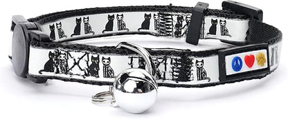 Pawtitas Halloween Cat Collars for Cats Adjustable Collar Glow in The Dark Feature and Safety Breakaway Buckle and Removable Bell to Match Your Halloween Cat's Costume - Black Cat Pattern