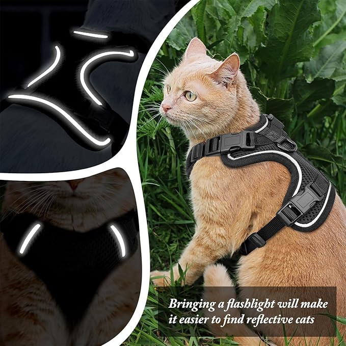 Cat Harness and Leash for Walking, Cat Car Harness, Escape Proof Soft Adjustable Vest Harnesses for Cats, Easy Control Breathable Reflective Strips Harness, Kitten Harness and Leash Set, Black, S