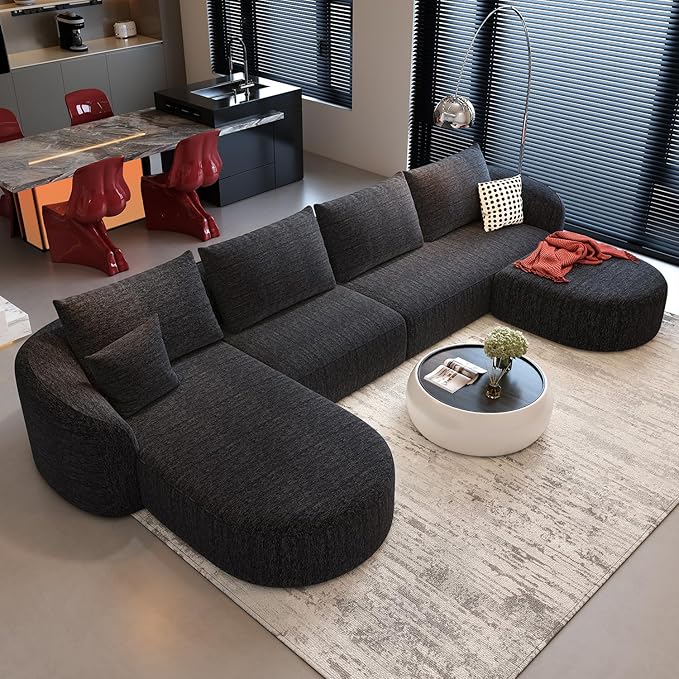 138.6" Modular Sectional Couches Luxury Modern Curved Back U-Shape Sofa Set with Ottoman,Minimalist Comfy Boneless Cloud Couch for Living Room Apartment,(Left Facing Chaise,Black)