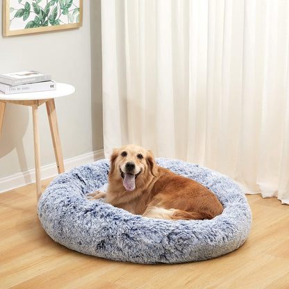Bedfolks Calming Donut Dog Bed - 36 Inch Round Plush Beds for Large Dogs, Anti-Anxiety Machine Washable (Navy Blue, Large)