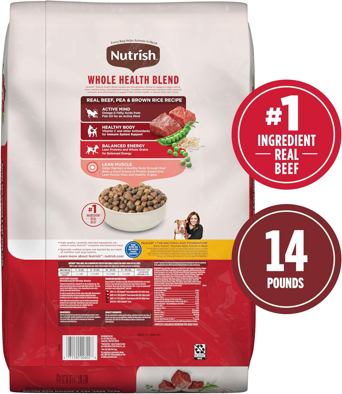 Nutrish Real Beef, Pea & Brown Rice Recipe Whole Health Blend Dry Dog Food, 14 lb. Bag, Packaging May Vary (Rachael Ray)