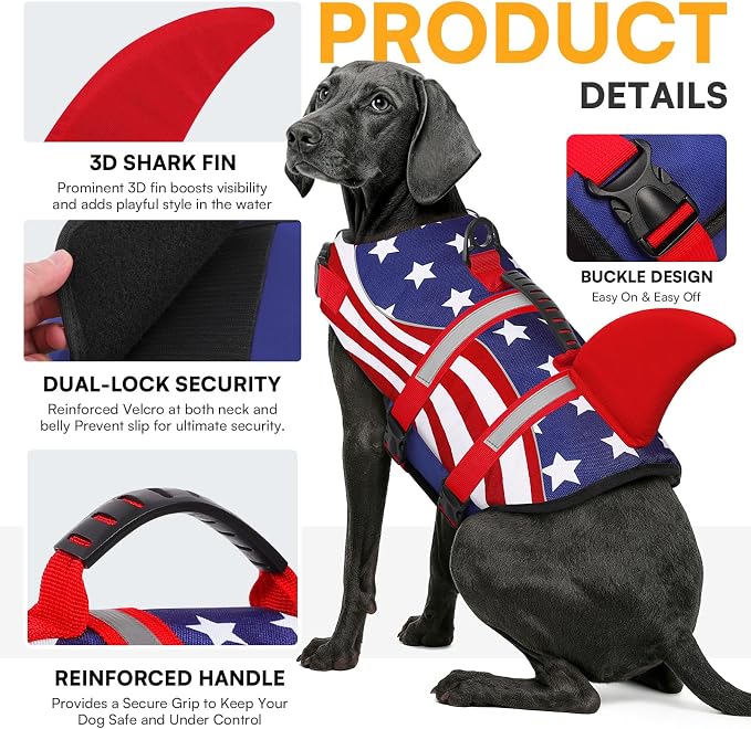 Shark Dog Life Vest for Swimming, Pet Life Vests for Boating, High Buoyant DogLife Jacket, Ripstop High Flotation Swimsui for Small, Medium, Large Dogs (USA Flag,XS)