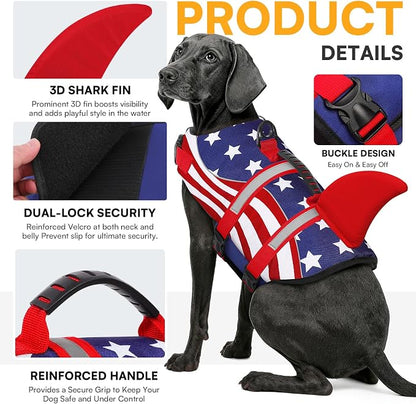 Shark Dog Life Vest for Swimming, Pet Life Vests for Boating, High Buoyant DogLife Jacket, Ripstop High Flotation Swimsui for Small, Medium, Large Dogs (USA Flag,XS)