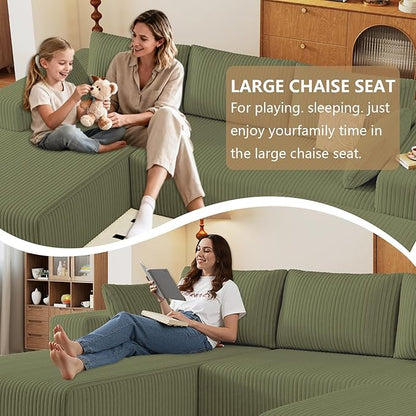 96" U-Shape Cloud Couch, Modern Modular Sectional L-Shape Sofa with Ottoman, Corduroy Upholstered Couches Deep Seat Sleeper Chaise Longue for Living Room, No Assembly Required(Green, Left Facing)