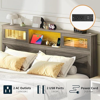 Yoobure Farmhouse Queen Bed Frame with Headboard - Bed Frame Queen Size with Charging Station & LED Lights, Wood Bedframe Queen-Size with 2 Storage Drawer, Platform Beds, No Box Spring Needed, Grey