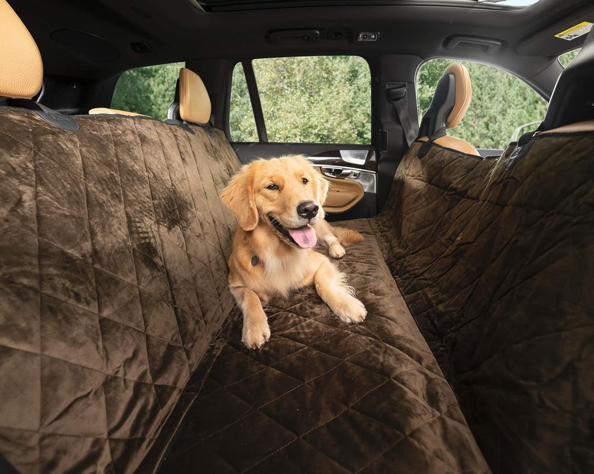 Plush Paws Products Velvet Rear Car Seat Protector w/Hammock | Washable & Waterproof Back Seat Dog Cover for Car, Truck, & SUV | Nonslip, Tear Resistant Pet Seat Cover | X-Large Chocolate