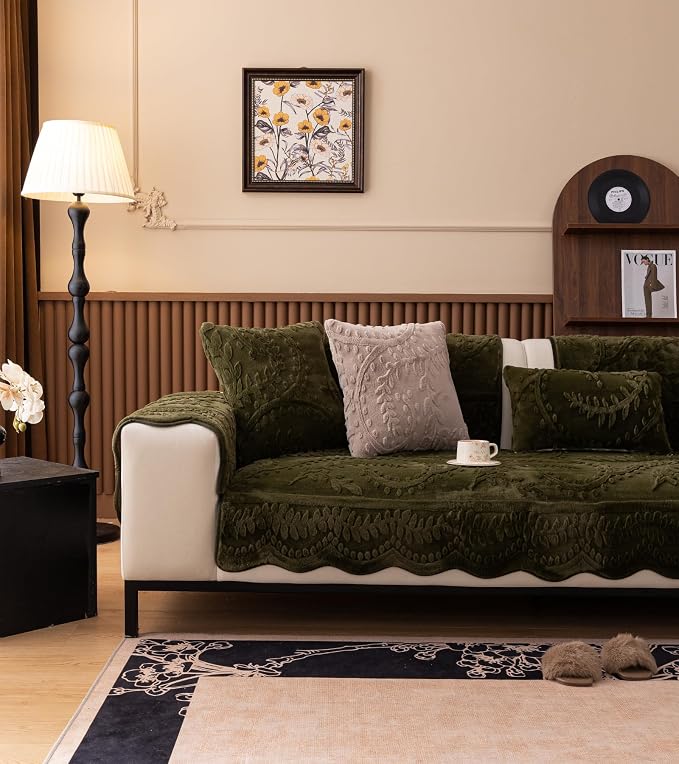 Green Fuzzy Rabbit Plush Sofa Cover Cozy Warm Sofa Couch Covers with 3D Jacquard Leaf Pattern Non-Slip Easy-to-Install Shaggy Sofa Slipcover Prefect for Kids Dogs Cats Cats(Green,36"x63")