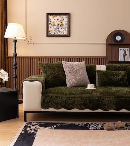 Green Fuzzy Rabbit Plush Sofa Cover Cozy Warm Sofa Couch Covers with 3D Jacquard Leaf Pattern Non-Slip Easy-to-Install Shaggy Sofa Slipcover Prefect for Kids Dogs Cats Cats(Green,36"x63")