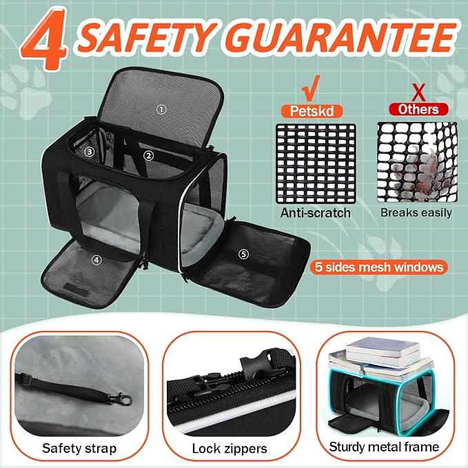 Small Pet Carrier 18"x13"x9.5" with Wheels Airline Approved, Black | for Southwest Airlines, Lockable Safety Zippers and Anti-Scratch Mesh, Pets Under 10 lbs