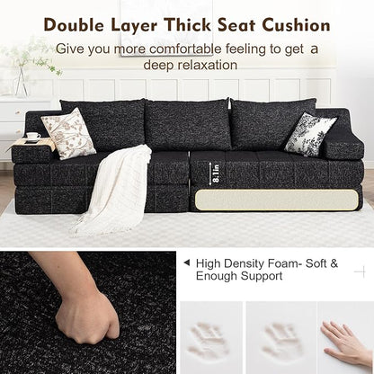 MEISSALIVVE Pull Out Sofa Bed, Queen Size Sleeper Sofa Bed with Wide Armrest & Thick Cushion, 2-in-1 Convertible Couch for Living Room, No Assembly Required (Black)
