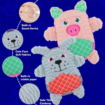 Crinkle Dog Toys Squeaky Plush No Stuffing Cute Puppy Stuffless Tough Rop Pull Toy, Fun Dog Stuffed Animals Durable Chew Set for Small Medium Large Pup (Large, Pink Pig+Blue Dog)