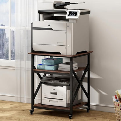 Fannova 23.6 x 23.6 Inches Large Printer Stand, 3 Tier Square Printer Table with Height Adjustable Storage Shelf, Rolling Printer Cart with Industrial Wheels for Home Office - Rustic Brown