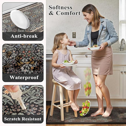 Collive Kitchen Mats for Floor, Cushioned Anti Fatigue Mat Floral Rugs 2 Piece Non Skid Waterproof Sink Rug, Memory Foam Comfort Standing Mat for Office, Laundry, Desk, Black/Mulit