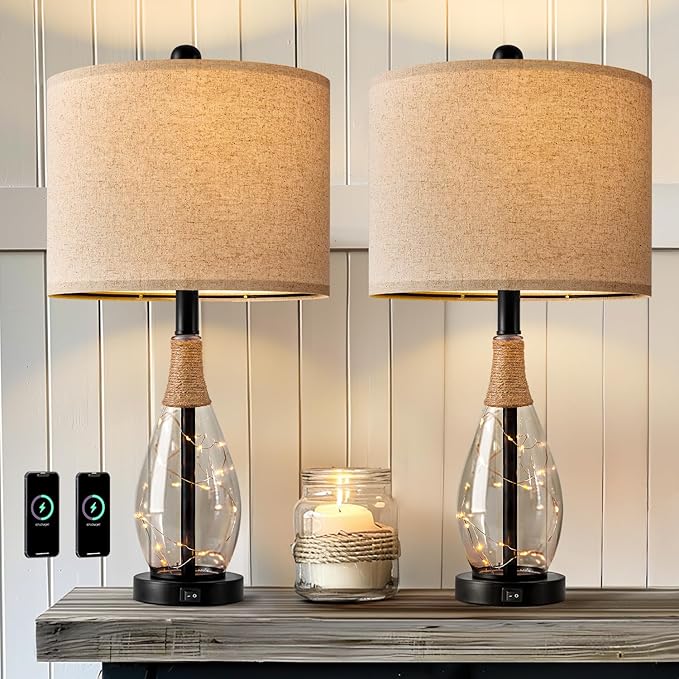 OYEARS 23" Table Lamps for Living Room Set of 2 Bedside Lamps for Night Stands Bedroom Lamps Farmhouse Rattan Boho Lamp Glass Nightlight End Table Lamp with USB C+A (Black),Two Light Points