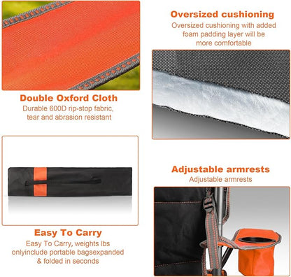 LANMOUNTAIN Oversized Padded Camping Chairs for Adults,Heavy Duty Support 400 Lbs,Folding Portable Lawn Chair w/Cup Holder,Cooler Bag,Side Pocket,Perfect for Outdoor Picnic,Hiking(Orange)