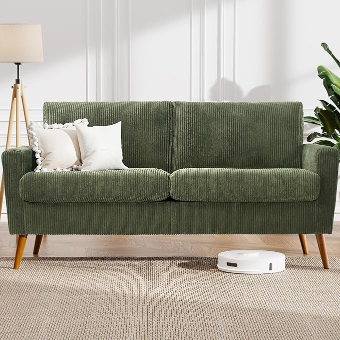 WEUP 68" Loveseat Sofa Green Corduroy Couch, Mid Century Modern Love Seat Couches for Living Room, Small Loveseat for Bedroom Office, Comfy Sofa with Spring Cushion, Solid Wood, Tool-Free Assembly