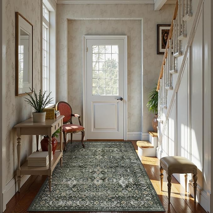 Lahome Washable Area Rugs 5x7 Green Rugs for Living Room,Boho Rug for Bedroom,Dining Room Carpet for Under Table, Distressed Non Slip Low Pile Carpet for Indoor Home Office Nursery(5'x7',Green)