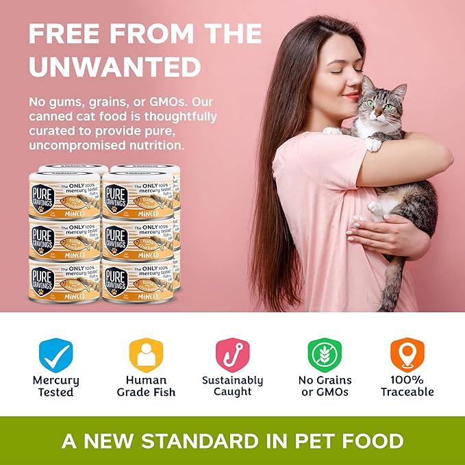 Pure Cravings Minced Tuna and Chicken Wet Canned Cat Food, 100% Mercury-Tested, Moist Can Fish for Cats, Grain-Free, Protein, Non-GMO, 3oz, Pack of 12