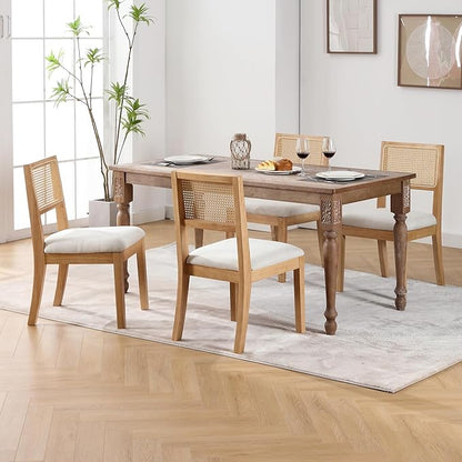 Westice Rattan Dining Chairs Set of 6, Farmhouse Natural Dining Room Chairs with Upholstered Cushion, Wood Armless Chairs for Kitchen/Restaurant