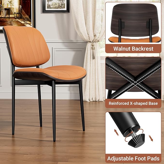 YaFiti Dining Chairs Set of 2, Mid Century Modern Dining Room and Kitchen Chairs, Upholstered PU Leather Chairs with Walnut Bentwood and Metal Legs, Orange
